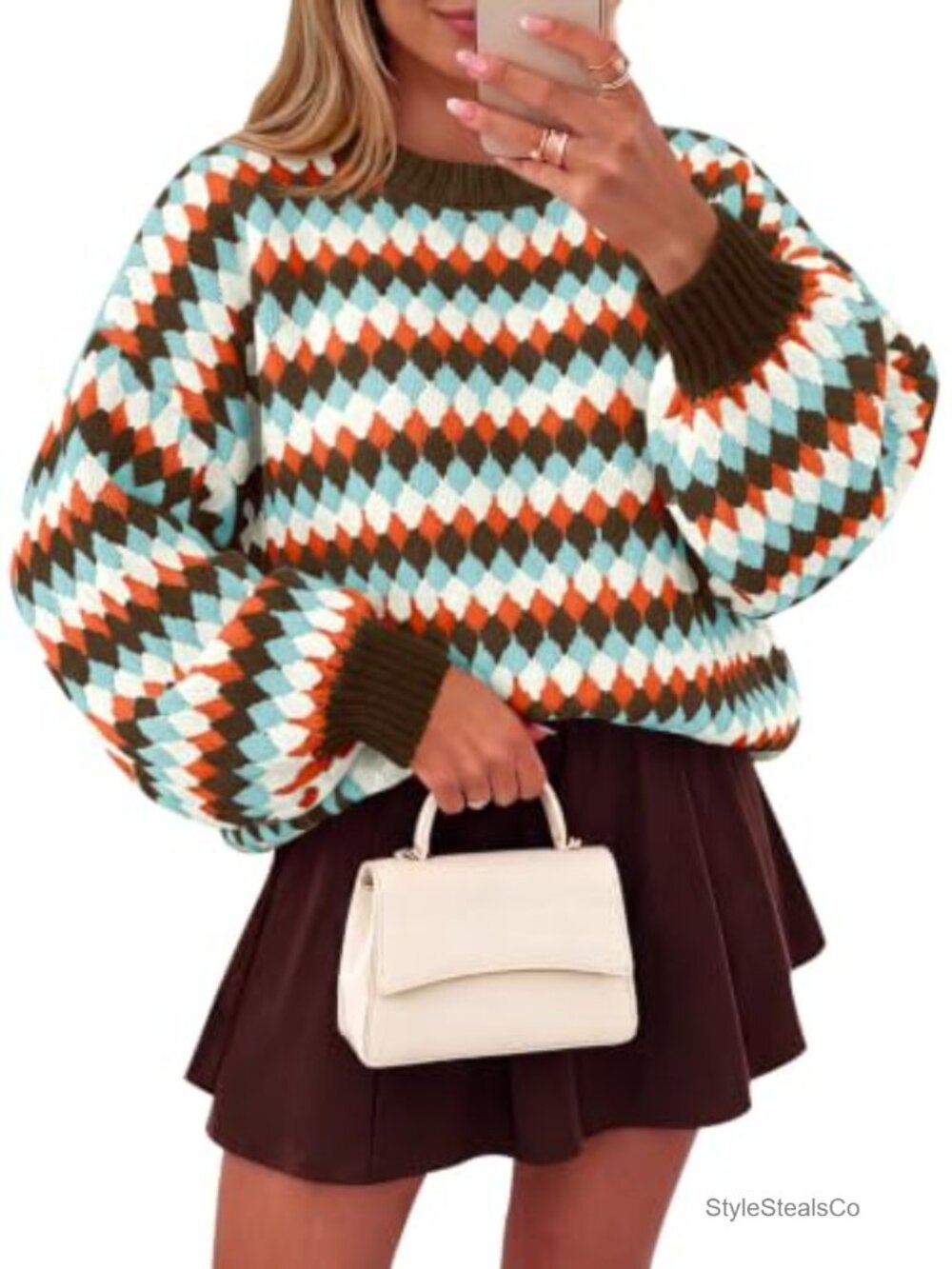 Womens Striped Sweater Color Block Loose Chunky Knit Lantern Sleeve Pullover